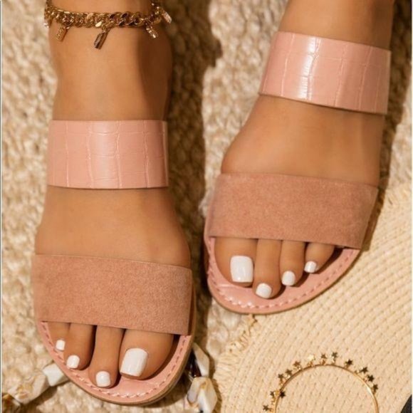 Blush Nude Double Strap Croc & Faux Suede Sandals - Picture 3 of 6